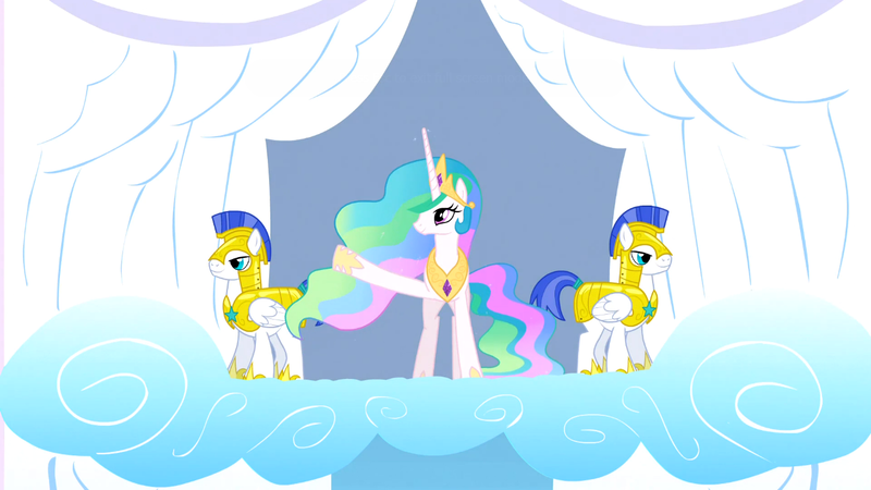 Size: 1366x768 | Tagged: safe, derpibooru import, screencap, princess celestia, alicorn, pegasus, pony, sonic rainboom (episode), balcony, cloudiseum, female, male, mare, royal guard, stallion, waving