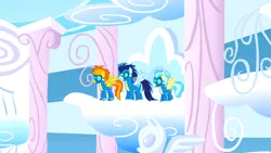 Size: 1366x768 | Tagged: safe, derpibooru import, screencap, misty fly, soarin', spitfire, pegasus, pony, sonic rainboom (episode), balcony, clothes, cloud, cloudiseum, female, goggles, male, mare, stallion, trio, uniform, wonderbolts, wonderbolts uniform