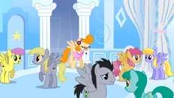 Size: 1366x768 | Tagged: safe, derpibooru import, screencap, cloud kicker, derpy hooves, dizzy twister, lucky clover, orange swirl, parasol, spring melody, sprinkle medley, pegasus, pony, sonic rainboom (episode), female, lucy, mare