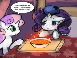 Size: 960x720 | Tagged: 30 minute art challenge, artist:lumineko, bed, bowl, cooking, derpibooru import, food, rarity, safe, sick, soup, sweetie belle, sweetie belle can't cook, sweetie fail