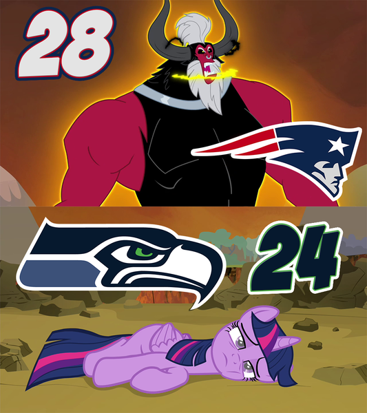 Size: 960x1080 | Tagged: safe, artist:dashiemlpfim, derpibooru import, lord tirek, twilight sparkle, twilight sparkle (alicorn), alicorn, pony, twilight's kingdom, american football, female, mare, new england patriots, nfl, nfl playoffs, seattle seahawks, sports, super bowl, super bowl champions, super bowl xlix