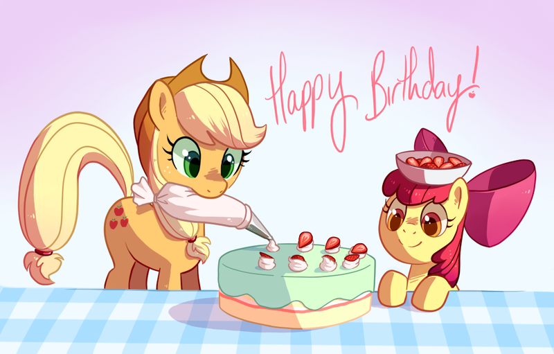 Size: 1000x639 | Tagged: safe, artist:reuniclus, derpibooru import, apple bloom, applejack, pony, apple bloom's bow, applejack's hat, bow, cake, cowboy hat, female, food, hair bow, happy birthday, hat, icing bag, looking down, mare, mouth hold, smiling, standing, strawberry, table