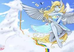 Size: 4084x2898 | Tagged: absurd resolution, anthro, artist:caindra, clothes, cloud, cloudy, derpibooru import, derpy hooves, dress, flying, heart, letter, mailmare, rainbow, sky, smiling, soarin', solo, spread wings, suggestive, thunderlane, unshorn fetlocks, wings