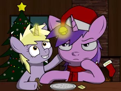 Size: 1048x790 | Tagged: amethyst star, annoyed, artist:subesia, christmas, clothes, cookie, derpibooru import, dinky hooves, female, food, hat, hearth's warming, holiday, magic, safe, santa hat, scarf, siblings, sisters