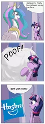 Size: 1024x2774 | Tagged: safe, artist:otakuap, derpibooru import, edit, princess celestia, twilight sparkle, twilight sparkle (alicorn), alicorn, pony, buy our toys, celestia's true form, comic, exploitable meme, female, forced meme, fourth wall, hasbro, hasbro logo, image, logo, mare, meme, png, scrunchy face, true form