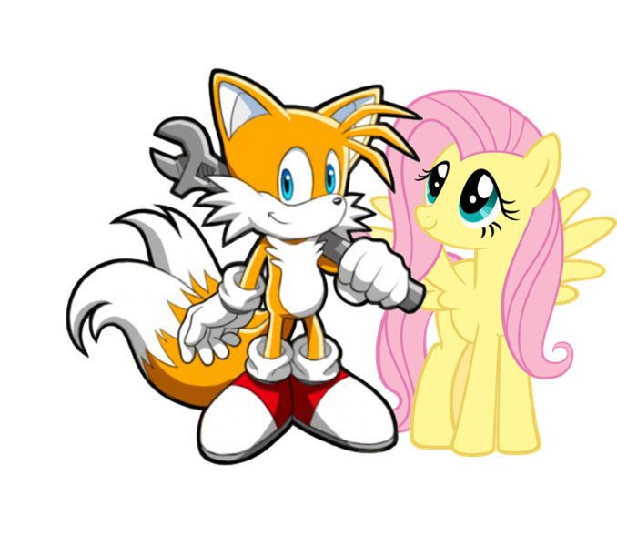 Size: 735x650 | Tagged: artist:moongazeponies, crossover, derpibooru import, fluttershy, miles "tails" prower, safe, simple background, sonic the hedgehog (series), transparent background, vector