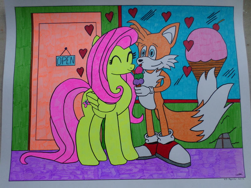 Size: 4608x3456 | Tagged: artist:dark-seid, crossover, crossover shipping, derpibooru import, female, fluttershy, fluttertails, food, ice cream, ice cream cone, male, miles "tails" prower, photo, safe, shipping, sonic the hedgehog (series), straight, traditional art