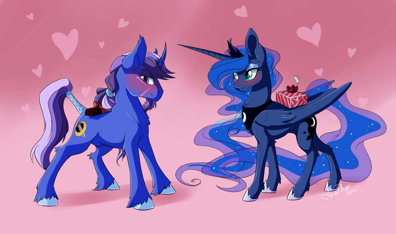 Size: 1024x607 | Tagged: safe, artist:arcadianphoenix, derpibooru import, princess luna, oc, oc:azure night, azuna, canon x oc, hearts and hooves day, holiday, present, shipping, valentine's day