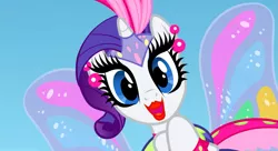 Size: 1099x597 | Tagged: and then there's rarity, derpibooru import, fashion disaster, glimmer wings, irony, lipstick, rarity, safe, screencap, solo, sonic rainboom (episode), tacky, wings