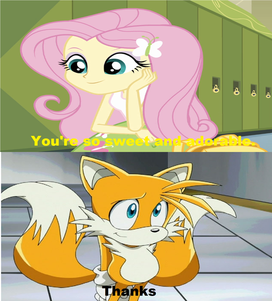 Size: 1284x1420 | Tagged: safe, derpibooru import, screencap, fluttershy, equestria girls, caption, copy and paste, crossover, fluttertails, image macro, meme, miles "tails" prower, sonic the hedgehog (series), sonic x, text