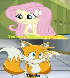 Size: 1284x1420 | Tagged: safe, derpibooru import, screencap, fluttershy, equestria girls, caption, copy and paste, crossover, fluttertails, image macro, meme, miles "tails" prower, sonic the hedgehog (series), sonic x, text