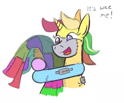 Size: 690x571 | Tagged: artist:jargon scott, blanket, cute, derpibooru import, frankenpony, frankenstein's monster, hug, oc, oc:mismatch, quilt, safe, solo, unofficial characters only