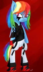 Size: 1500x2500 | Tagged: safe, artist:novaspark, derpibooru import, rainbow dash, pony, semi-anthro, abstract background, bipedal, clothes, costume, crossover, faith connors, female, mare, mirror's edge, signature, solo, wingless