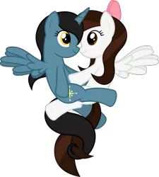 Size: 6400x7118 | Tagged: safe, artist:parclytaxel, derpibooru import, oc, oc:starlight bridge, oc:suskewiet, unofficial characters only, alicorn, pegasus, pony, .svg available, absurd resolution, alicorn oc, are you frustrated?, bellyrubs, eye contact, female, flying, horn, knot, lesbian, looking at each other, meme, ribbon, simple background, transparent background, vector, wings