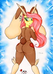 Size: 2333x3286 | Tagged: angel bunny, anthro, artist:thegodoflazers, ass, butt, clothes, cosplay, costume, derpibooru import, flutterbutt, fluttershy, lopunny, pokémon, solo, suggestive