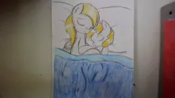 Size: 1044x587 | Tagged: safe, artist:crimsion ink, derpibooru import, derpy hooves, dinky hooves, pegasus, pony, bed, cute, equestria's best mother, female, goodnight, mare, mother and child, mother and daughter, one eye closed, sleeping, smiling