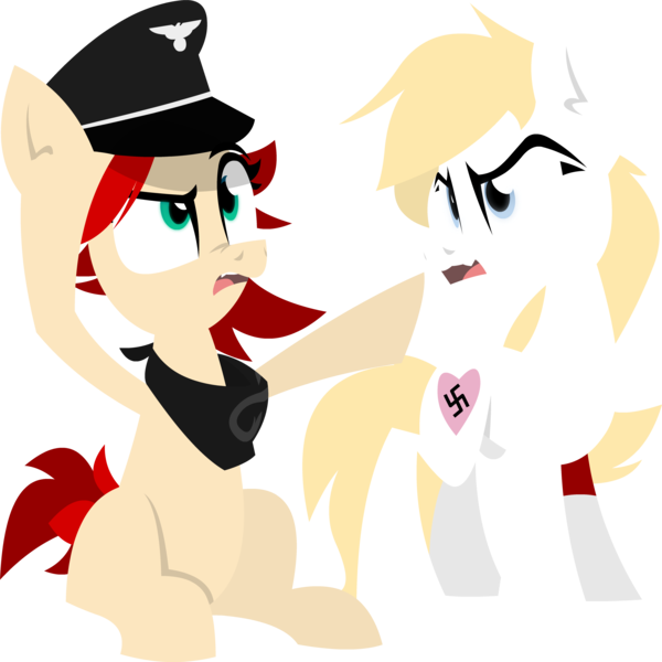 Size: 5606x5603 | Tagged: 8chan, absurd resolution, angry, armband, artist:zvn, clothes, craft, derpibooru import, hat, heart, heil, here comes the pain, mascot, nazi, oc, oc:aryanne, oc:red pone (8chan), papercraft, /pone/, safe, scarf, sharp teeth, sitting, swastika, teeth, thief, unofficial characters only, wondering