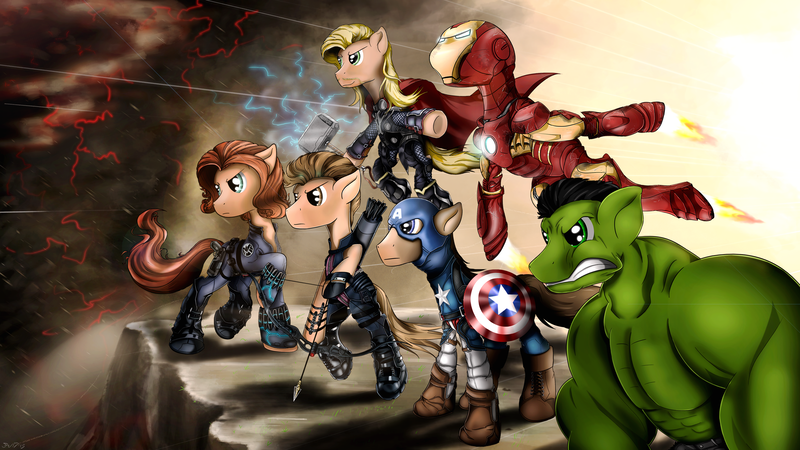 Size: 4800x2700 | Tagged: safe, artist:flamevulture17, derpibooru import, ponified, pony, avengers, black widow (marvel), captain america, captain equestria, hawkeye, iron man, the incredible hulk, thor