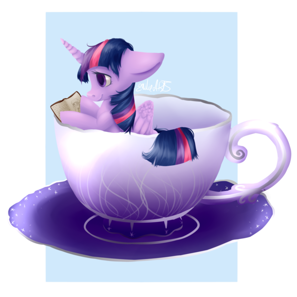 Size: 1024x1024 | Tagged: safe, artist:emiliearts, derpibooru import, twilight sparkle, twilight sparkle (alicorn), alicorn, pony, book, cup, cup of pony, female, mare, micro, solo, teacup