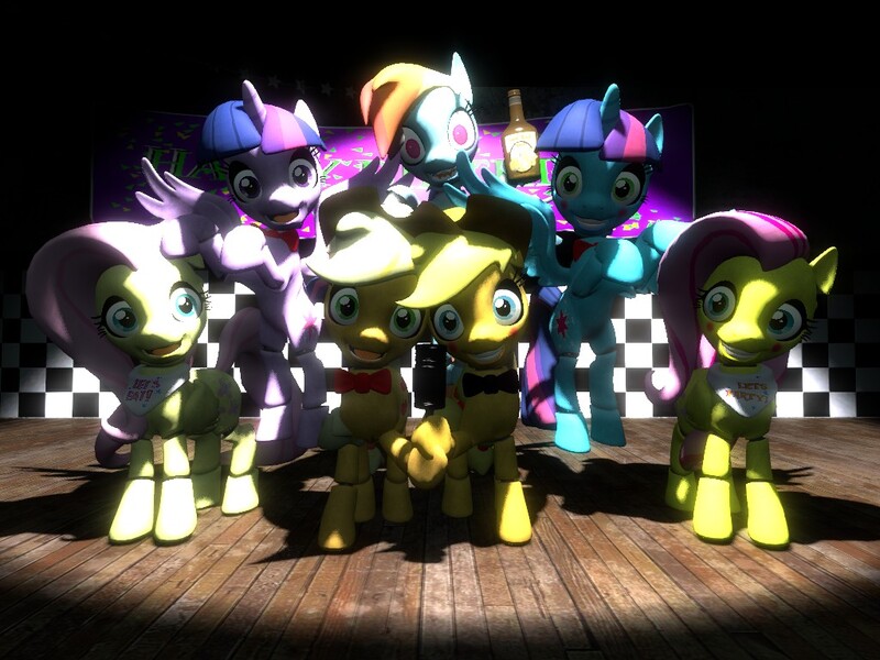 Size: 1024x768 | Tagged: safe, derpibooru import, applejack, fluttershy, rainbow dash, twilight sparkle, twilight sparkle (alicorn), alicorn, pony, robot, five nights at aj's, animatronic, applefreddy, applefreddy fazjack's pizzeria, female, five nights at aj's 2, five nights at freddy's, flutterchica, foxy dash, mare, rainbow foxy, solo, this will end in death, twibon