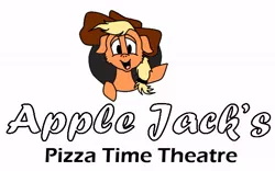 Size: 584x365 | Tagged: applefreddy fazjack's pizzeria, applejack, artist:thatfrankster, chuck e cheese, derpibooru import, fanart, five nights at aj's, logo, logo parody, safe, solo