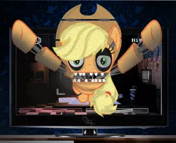 Size: 989x807 | Tagged: animatronic, applefreddy, applefreddy fazjack's pizzeria, applejack, attack, derpibooru import, five nights at aj's, five nights at aj's 2, five nights at freddy's, fourth wall destruction, jumpscare, robot, safe, solo