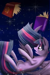 Size: 730x1095 | Tagged: safe, artist:chanceyb, derpibooru import, twilight sparkle, twilight sparkle (alicorn), alicorn, pony, book, falling, magic, night, solo, stars