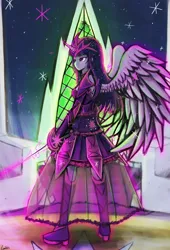 Size: 2550x3750 | Tagged: alicorn, armor, artist:lumineko, derpibooru import, electricity, horn, horned humanization, human, humanized, magic, rapier, safe, solo, sword, twilight sparkle, twilight sparkle (alicorn), weapon, winged humanization, wings