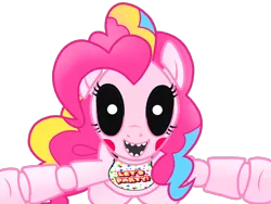 Size: 2048x1536 | Tagged: animatronic, artist:birdivizer, chica pie, creepy, derpibooru import, five nights at aj's 2, five nights at freddy's, glowing eyes, jumpscare, looking at you, pinkie pie, rainbow power, robot, safe, sharp teeth, simple background, solo, teeth, toy pinkica, transparent background