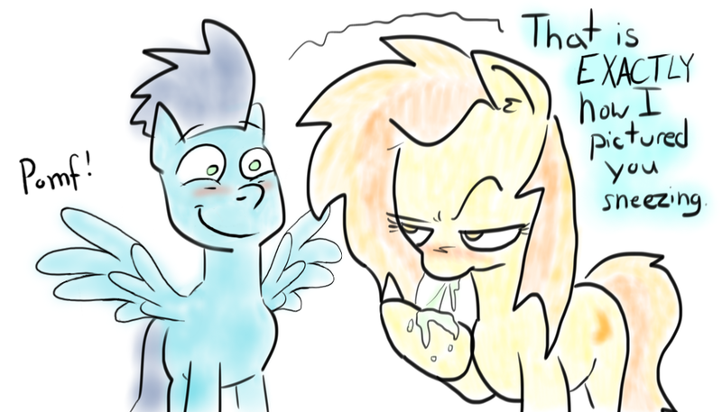 Size: 946x540 | Tagged: artist:rainysunshine, blushing, derpibooru import, female, fetish, frown, glare, male, mucus, pomf, raised eyebrow, safe, shipping, smiling, sneezing, sneezing fetish, soarin', soarinfire, spitfire, spread wings, straight, unamused, wingboner, wings