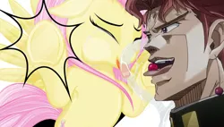 Size: 918x522 | Tagged: suggestive, derpibooru import, fluttershy, human, pony, equestria girls, cherry, crossover, crossover shipping, drool, food, glass, heart, implied human on pony action, implied interspecies, implied sex, jojo's bizarre adventure, licking, licking cock, my little pony, noriaki kakyoin, nudity, oral, penis, portal, rerorero, sex, shipping, tongue out, tongue play