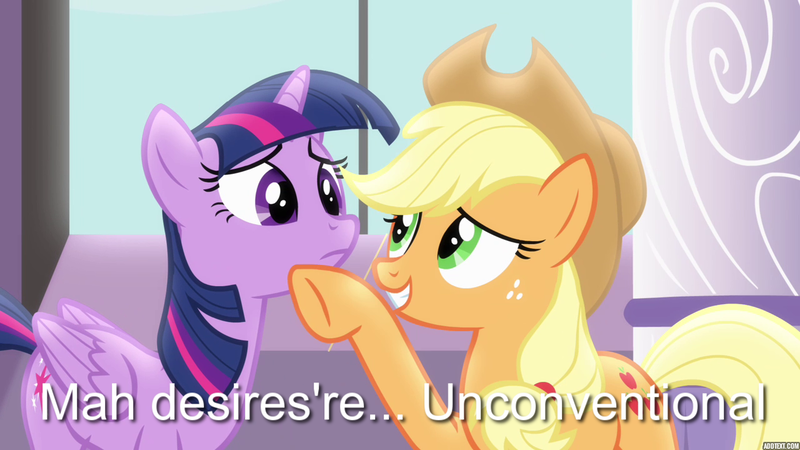 Size: 1280x720 | Tagged: safe, derpibooru import, edit, edited screencap, screencap, applejack, twilight sparkle, twilight sparkle (alicorn), alicorn, pony, princess twilight sparkle (episode), caption, female, fifty shades of grey, image macro, imminent sex, imminent something, lesbian, mare, meme, my desires are unconventional, shipping, text, twijack