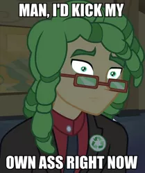 Size: 500x598 | Tagged: safe, derpibooru import, screencap, sandalwood, equestria girls, equestria girls (movie), background human, caption, eco kid insults, image macro, meme, text