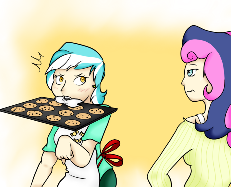 Size: 1050x850 | Tagged: apron, artist needed, bon bon, bon bon is not amused, bon bon's baking cookies girls, clothes, cookie, derpibooru import, duo, food, gradient background, human, humanized, humans doing horse things, light skin, lyra heartstrings, mouth hold, safe, sweetie drops, unamused