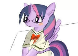 Size: 1925x1405 | Tagged: safe, artist:timorikawa, derpibooru import, twilight sparkle, twilight sparkle (alicorn), alicorn, pony, clothes, female, glasses, mare, pixiv, school uniform, solo