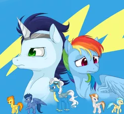 Size: 1024x948 | Tagged: safe, artist:chiweee, derpibooru import, fire streak, misty fly, rainbow dash, silver lining, silver zoom, soarin', spitfire, wave chill, fanfic, fanfic:piercing the heavens, blank flank, fake horn, fanfic art, fanfic cover, female, firefly (pairing), male, shipping, soarindash, straight, wavefire, wonderbolts