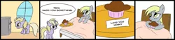 Size: 2161x500 | Tagged: safe, artist:speccysy, derpibooru import, derpy hooves, dinky hooves, pegasus, pony, bed, comic, equestria's best daughter, female, food, mare, muffin