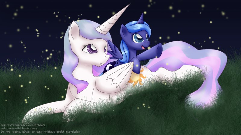 Size: 1366x768 | Tagged: artist:rainbow-smashed, derpibooru import, female, filly, firefly (insect), grass, insect, night, pointing, princess celestia, princess luna, prone, safe, siblings, sisters, woona, younger