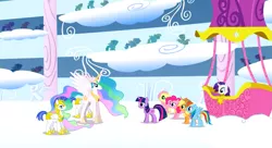 Size: 1099x597 | Tagged: safe, derpibooru import, screencap, applejack, fluttershy, pinkie pie, princess celestia, rainbow dash, rarity, twilight sparkle, alicorn, earth pony, pegasus, pony, unicorn, sonic rainboom (episode), cloudiseum, female, hot air balloon, mane six, mare, royal guard, twinkling balloon, unicorn twilight