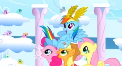 Size: 1099x597 | Tagged: safe, derpibooru import, screencap, applejack, fluttershy, pinkie pie, rainbow dash, pegasus, pony, sonic rainboom (episode), background pony audience, carrying, cloudiseum, female, mare