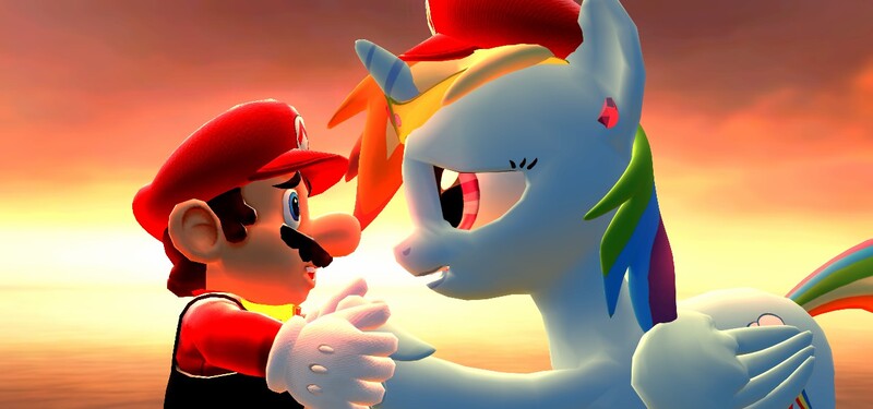 Size: 1280x600 | Tagged: safe, artist:icepony64, derpibooru import, rainbow dash, alicorn, pony, 3d, alicornified, cap, crossover, crossover shipping, female, gmod, hat, male, maridash, mario, mario's hat, nintendo, race swap, rainbowcorn, shipping, straight, super mario bros.