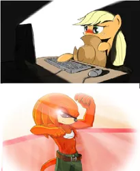 Size: 612x748 | Tagged: applejack, blushing, computer, computer mouse, crossover, derpibooru import, hat, hoof hold, knuckles the echidna, pc, safe, sonic the hedgehog (series)