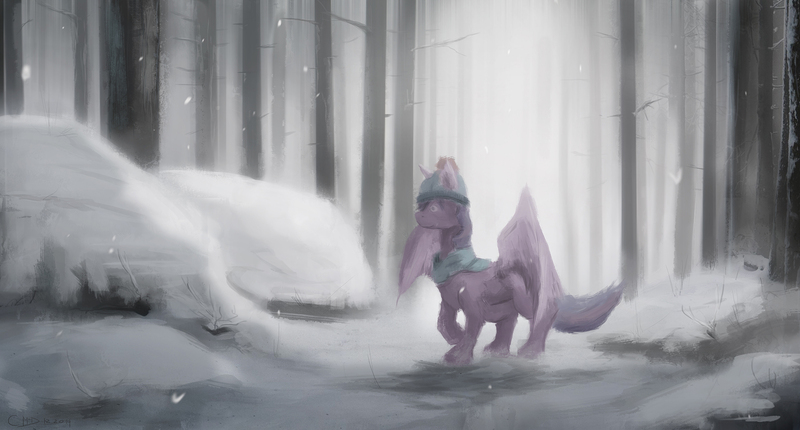 Size: 2000x1075 | Tagged: safe, artist:fuzzyfox11, derpibooru import, twilight sparkle, twilight sparkle (alicorn), alicorn, pony, clothes, female, forest, hat, mare, scarf, snow, snowfall, solo