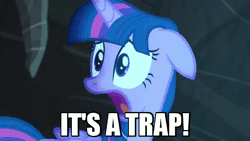 Size: 640x360 | Tagged: safe, derpibooru import, screencap, twilight sparkle, twilight sparkle (alicorn), alicorn, pony, the cutie map, animated, caption, female, image macro, it's a trap, mare, meme, text