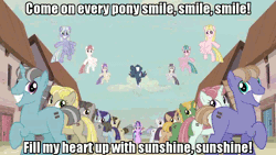 Size: 960x540 | Tagged: animated, caption, cloud brûlée, derpibooru import, dusk drift, edit, edited screencap, equal cutie mark, equal town banner, image macro, in our town, meme, night glider, safe, screencap, smile song, text, the cutie map