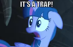 Size: 500x322 | Tagged: safe, derpibooru import, edit, edited screencap, screencap, twilight sparkle, twilight sparkle (alicorn), alicorn, pony, the cutie map, caption, cropped, female, floppy ears, frown, image macro, it's a trap, mare, meme, open mouth, solo, text, wide eyes