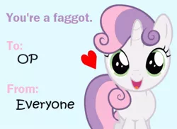 Size: 448x326 | Tagged: derpibooru import, faggot, heart, holiday, irony, looking at you, op, open mouth, op is a faggot, safe, smiling, solo, sweetie belle, ur a faget, valentine, valentine's day, vector, vulgar
