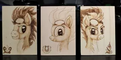 Size: 1280x639 | Tagged: artist:horseez, clothes, craft, derpibooru import, fleetfoot, pyrography, safe, soarin', spitfire, traditional art, uniform, wonderbolts uniform, woodwork