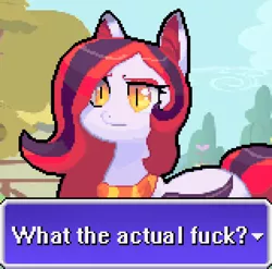 Size: 640x632 | Tagged: artist needed, source needed, safe, derpibooru import, oc, oc:arrhythmia, unofficial characters only, bat pony, pony, :|, confused, mockup, pixel art, ponyville, raised eyebrow, reaction image, solo, sprite, vulgar, wtf