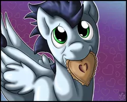 Size: 2540x2040 | Tagged: artist:stormblaze-pegasus, cute, derpibooru import, food, hearts and hooves day, looking at you, mouth hold, pie, safe, soarin', soarinbetes, solo, that pony sure does love pies